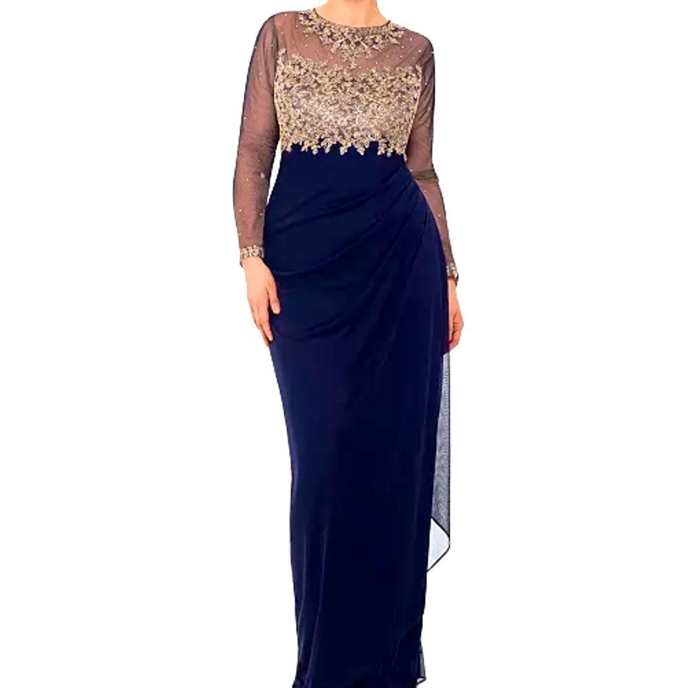 Beautifully embroidered stunner styled dress with long illusion mesh sleeves.